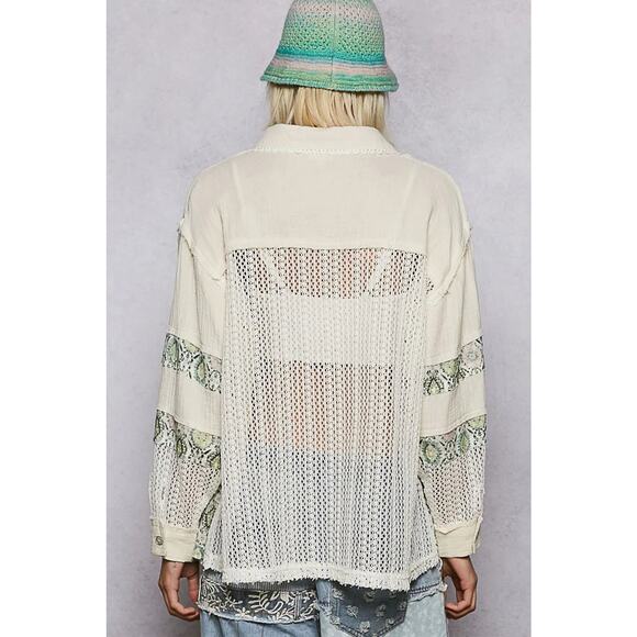 POL Boho Printed Crochet Patchwork Design Buttoned Long Sleeves Shirt | Gum Leaf - Picture 2 of 4